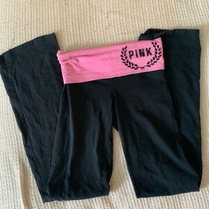 PINK Victoria’s Secret Foldover Yoga Pants BlackSequin Logo Y2K Flare Vintage